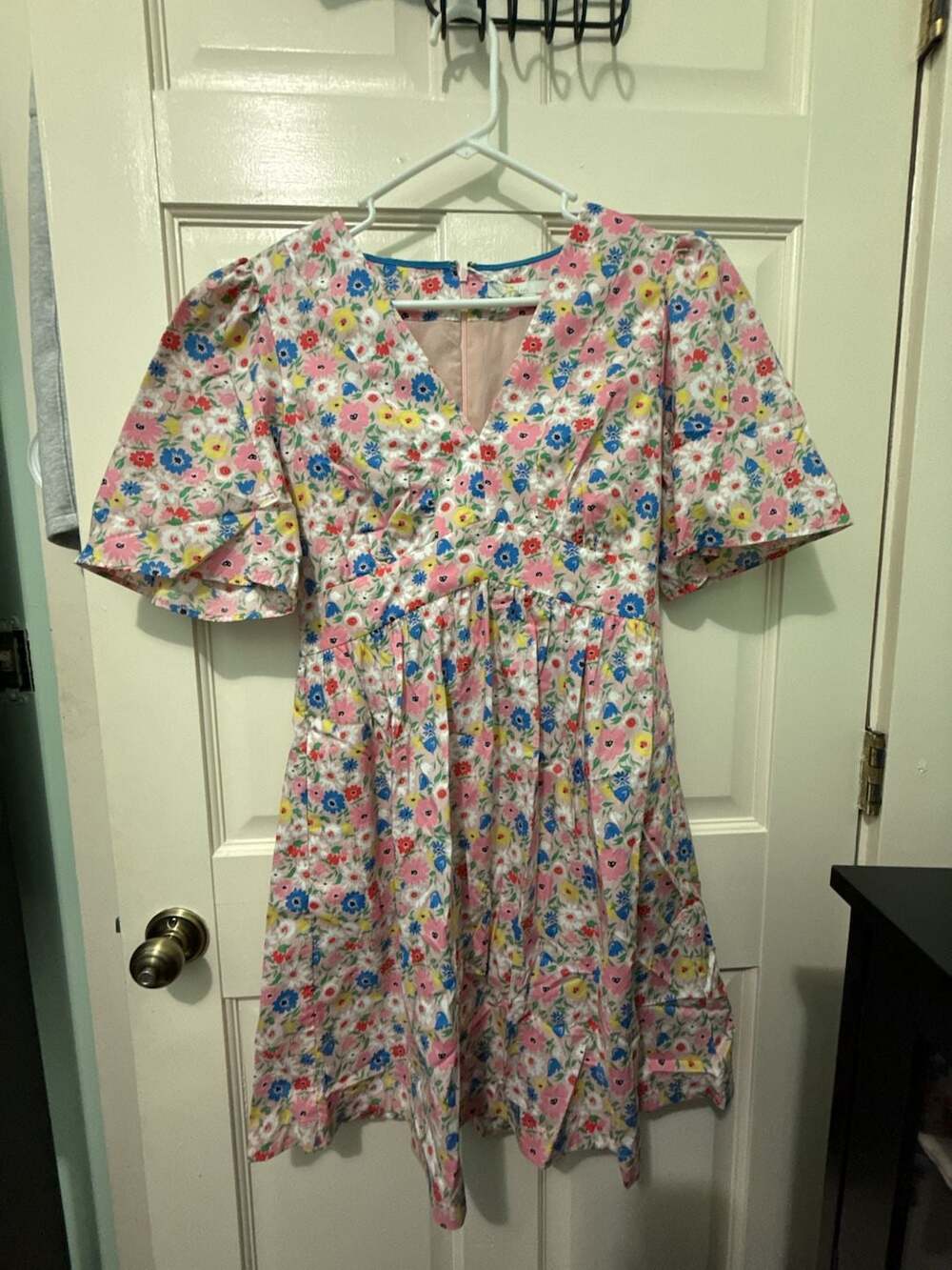 Boden Pink Multi Floral Puff Sleeve V-Neck Mini Dress Size UK 10R US 6R